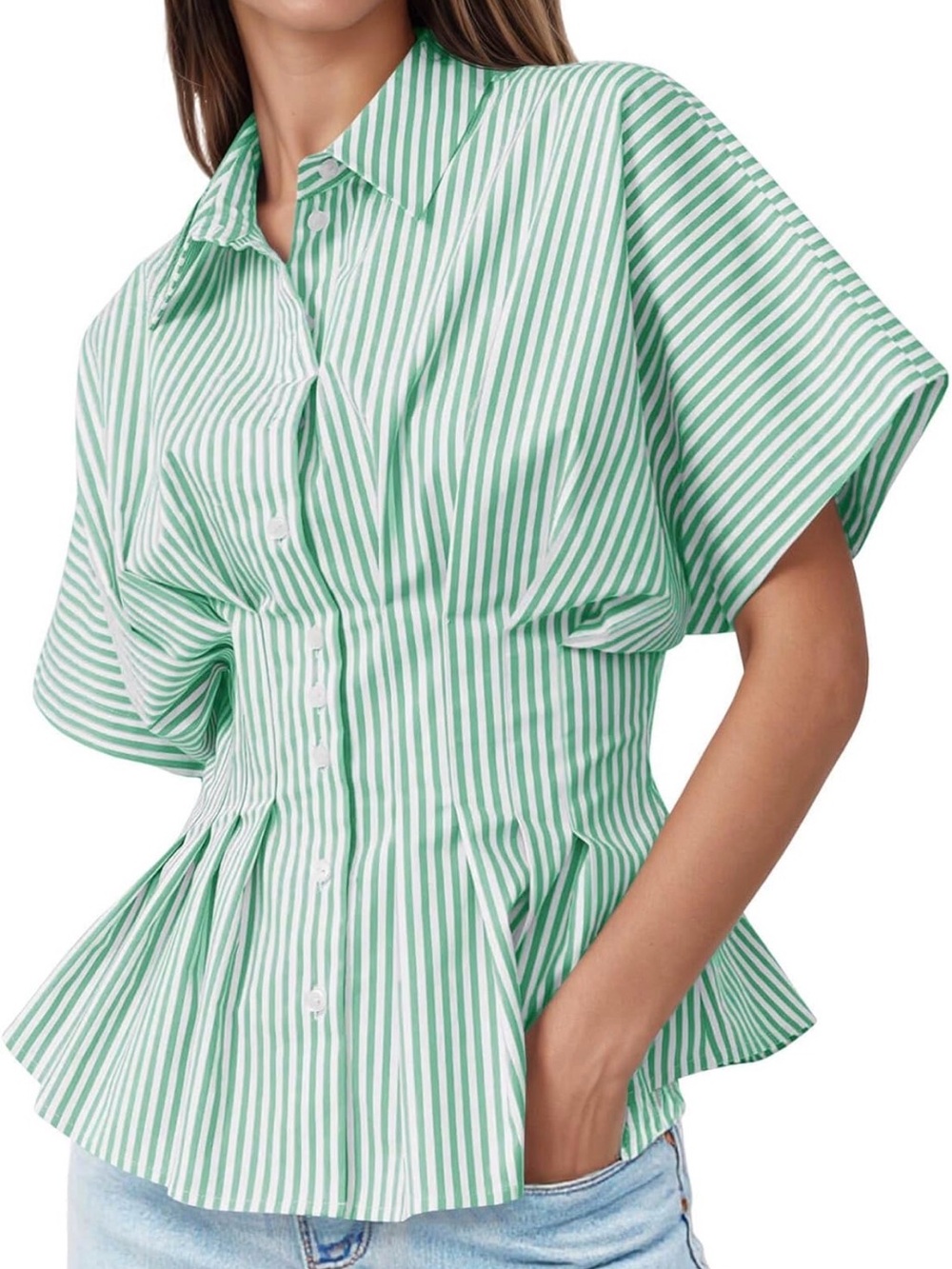 Women's Striped Peplum Button Down Shirt Short Sleeve Pleated Top Size S